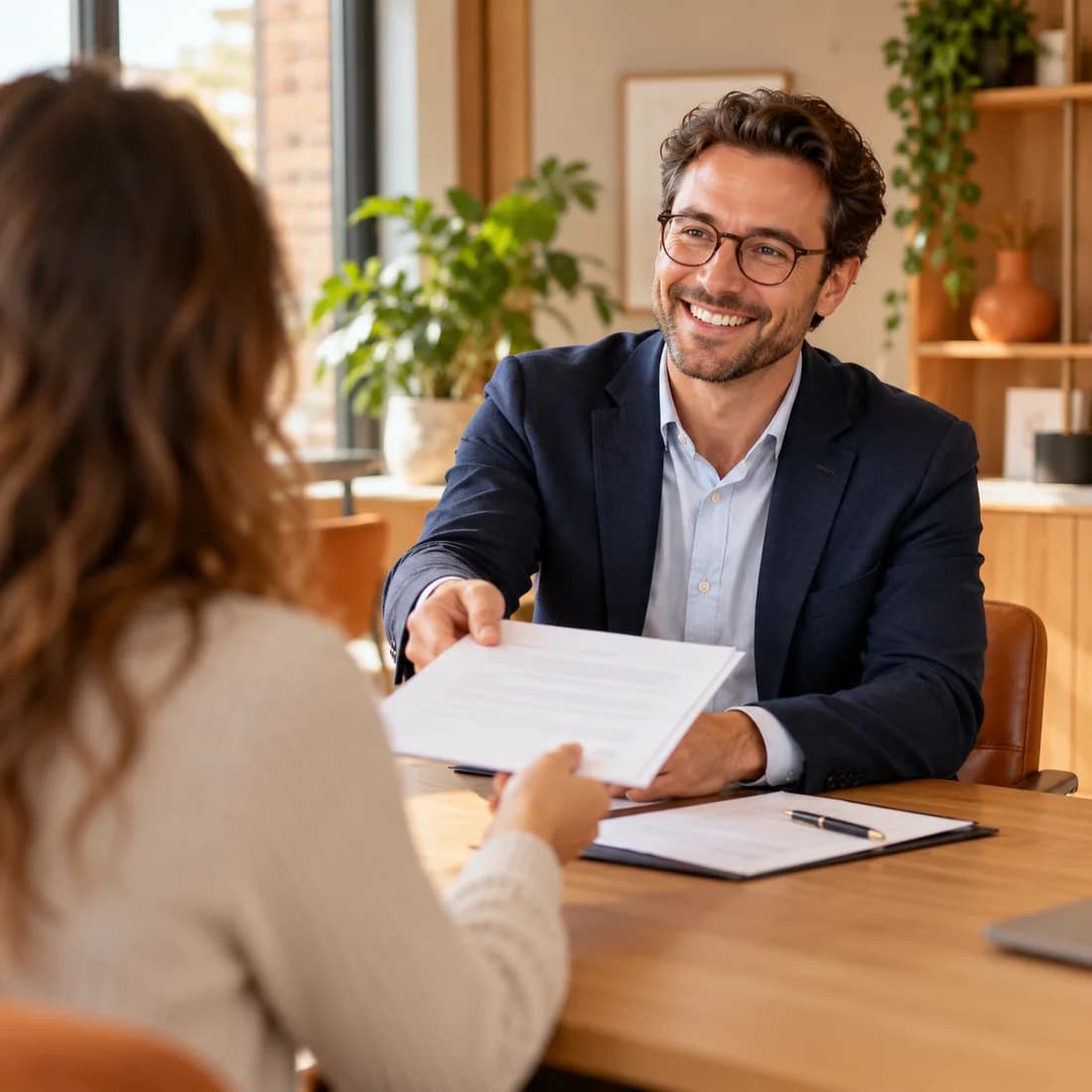 Recruiter overhandigt een contract aan een nieuwe medewerker